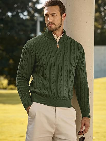 Stylish Men's Quarter Zip Pullover Sweater - Cozy Cable Knit Design with Stand Collar