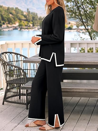 Chic Women's Fall 2-Piece Lounge Set - Cozy Sweater Top & Wide Leg Pants