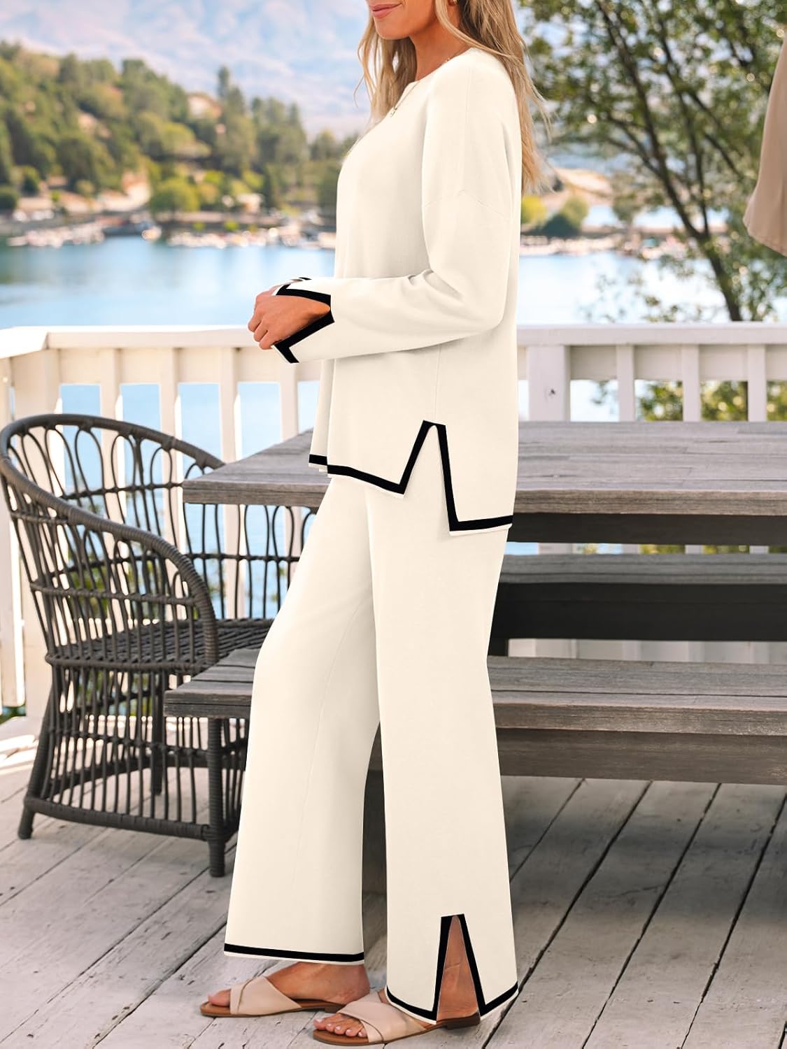 Chic Women's Fall 2-Piece Lounge Set - Cozy Sweater Top & Wide Leg Pants