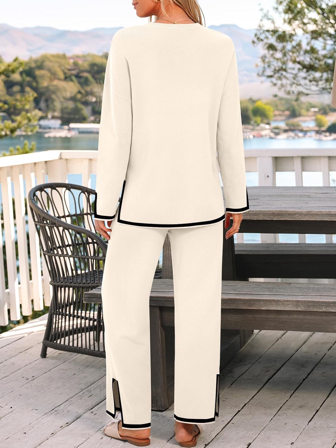 Chic Women's Fall 2-Piece Lounge Set - Cozy Sweater Top & Wide Leg Pants