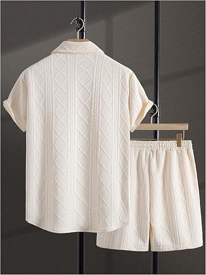 Elevate Your Summer Style with Our Men's 2-Piece Waffle Knit Button-Down Shirt and Shorts Set