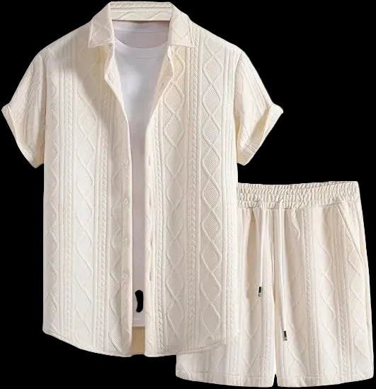 Elevate Your Summer Style with Our Men's 2-Piece Waffle Knit Button-Down Shirt and Shorts Set