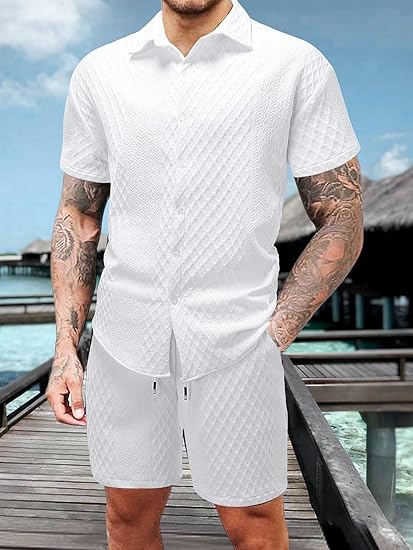Elevate Your Summer Style with Our Men's 2-Piece Waffle Knit Button-Down Shirt and Shorts Set